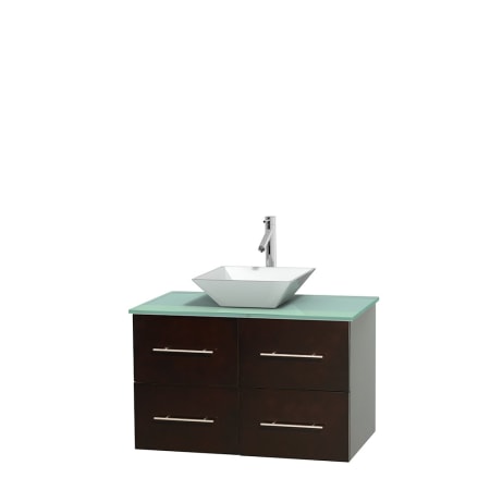 Full Vanity View with Green Glass Top and Vessel Sink