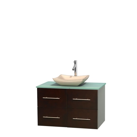 Full Vanity View with Green Glass Top and Vessel Sink