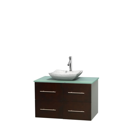 Full Vanity View with Green Glass Top and Vessel Sink