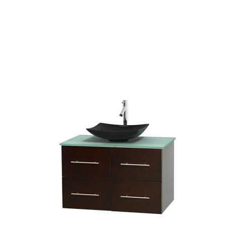 Full Vanity View with Green Glass Top and Vessel Sink