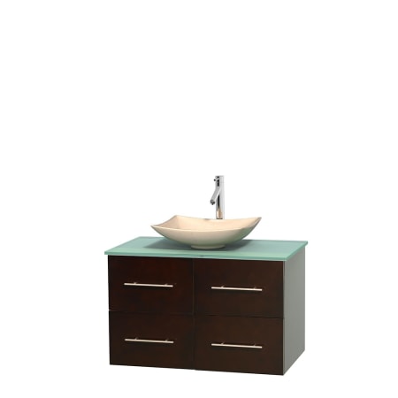 Full Vanity View with Green Glass Top and Vessel Sink