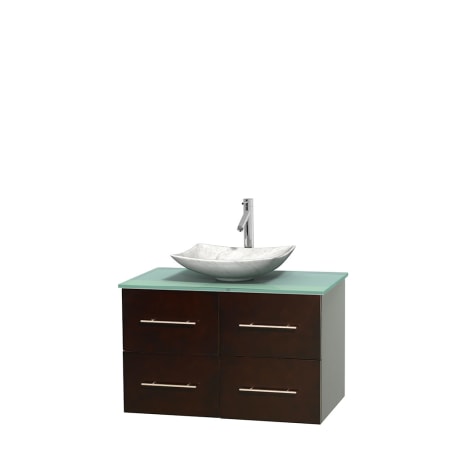 Full Vanity View with Green Glass Top and Vessel Sink