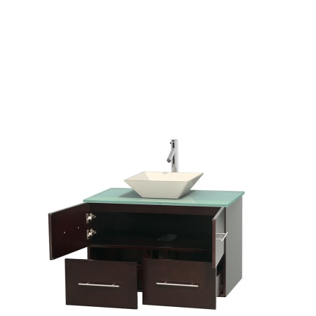 Open Vanity View with Green Glass Top and Vessel Sink