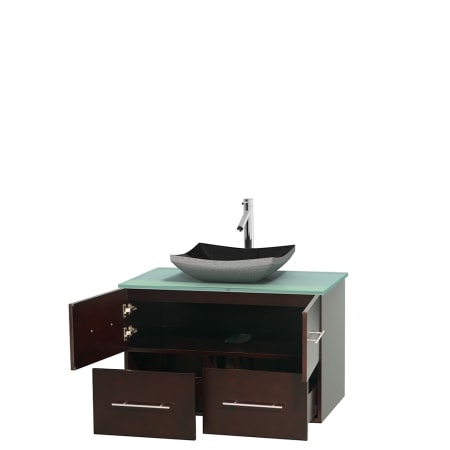 Open Vanity View with Green Glass Top and Vessel Sink