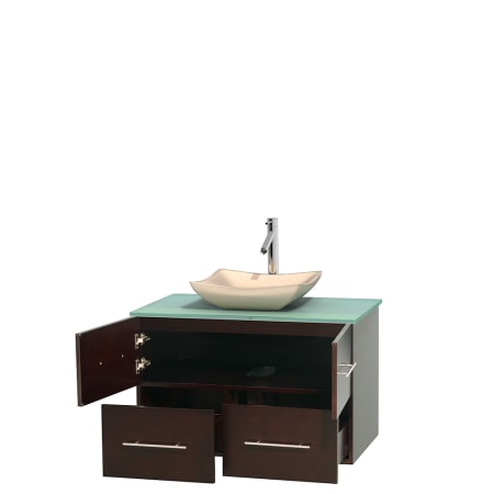 Open Vanity View with Green Glass Top and Vessel Sink