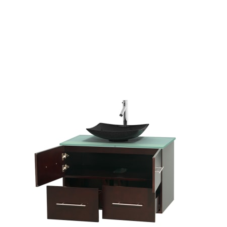 Open Vanity View with Green Glass Top and Vessel Sink