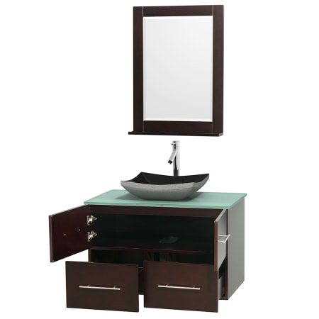 Open Vanity View with Green Glass Top, Vessel Sink, and 24" Mirror