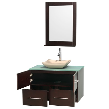 Open Vanity View with Green Glass Top, Vessel Sink, and 24" Mirror