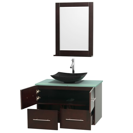 Open Vanity View with Green Glass Top, Vessel Sink, and 24" Mirror