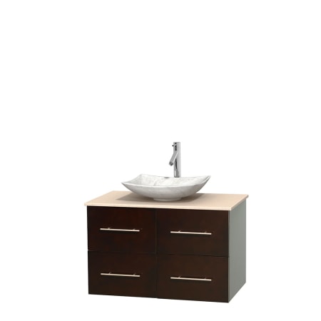 Full Vanity View with Ivory Marble Top and Vessel Sink