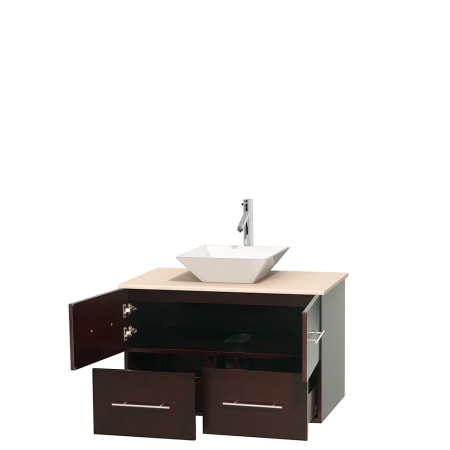 Open Vanity View with Ivory Marble Top and Vessel Sink