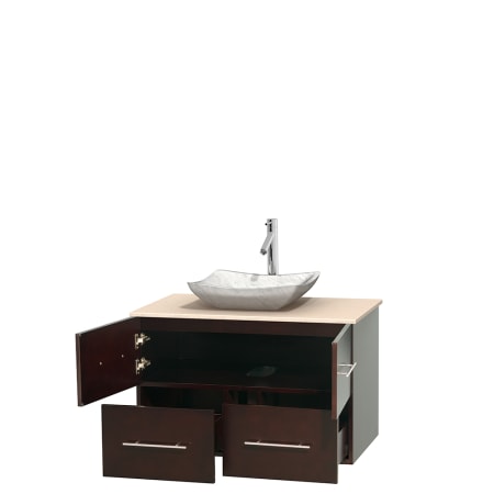 Open Vanity View with Ivory Marble Top and Vessel Sink