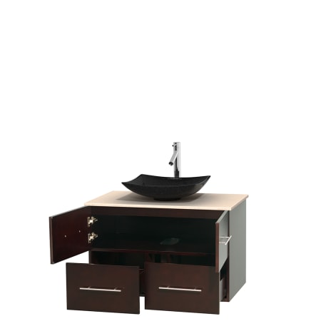 Open Vanity View with Ivory Marble Top and Vessel Sink