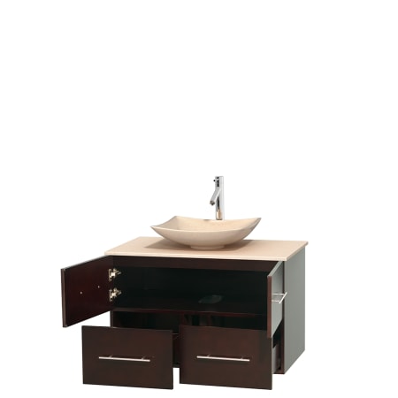 Open Vanity View with Ivory Marble Top and Vessel Sink