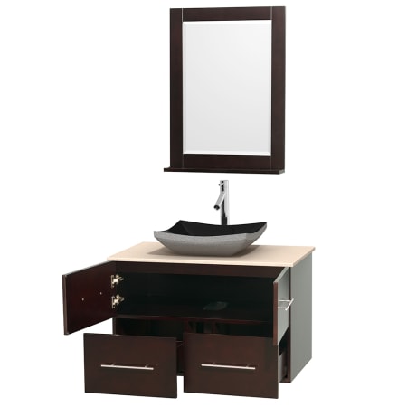 Open Vanity View with Ivory Marble Top, Vessel Sink, and 24" Mirror