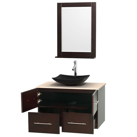 Open Vanity View with Ivory Marble Top, Vessel Sink, and 24" Mirror