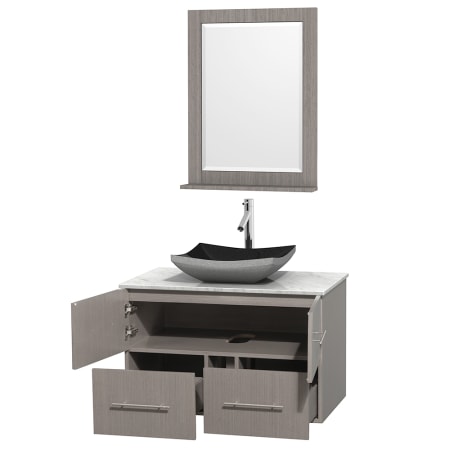 Open Vanity View with White Carrera Marble Top, Vessel Sink, and 24" Mirror