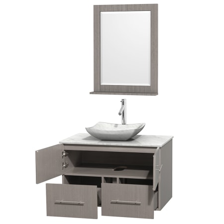 Open Vanity View with White Carrera Marble Top, Vessel Sink, and 24" Mirror