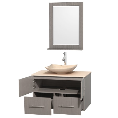 Open Vanity View with Ivory Marble Top, Vessel Sink, and 24" Mirror