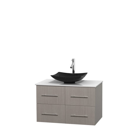 Full Vanity View with White Stone Top and Vessel Sink