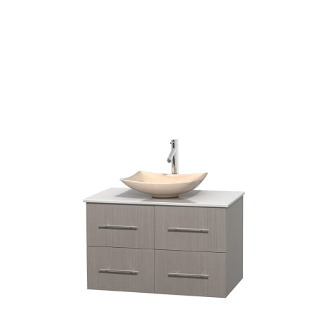 Full Vanity View with White Stone Top and Vessel Sink