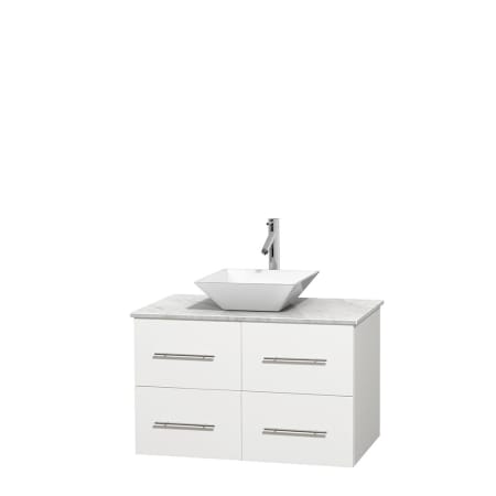 Full Vanity View with White Carrera Marble Top and Vessel Sink