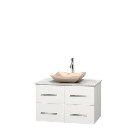 Full Vanity View with White Carrera Marble Top and Vessel Sink