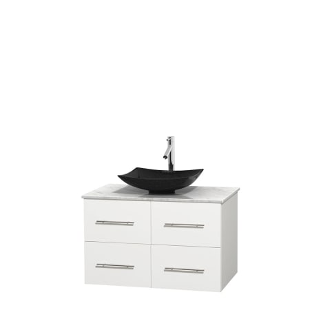 Full Vanity View with White Carrera Marble Top and Vessel Sink