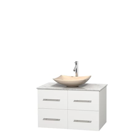 Full Vanity View with White Carrera Marble Top and Vessel Sink