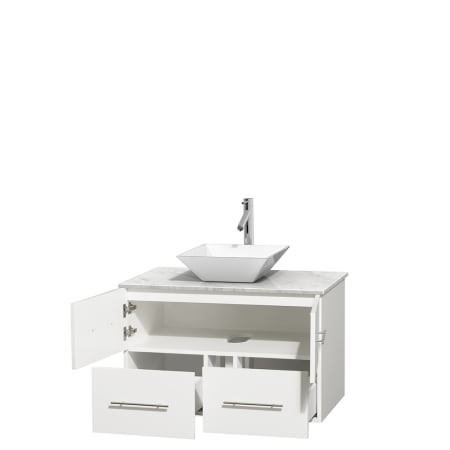 Open Vanity View with White Carrera Marble Top and Vessel Sink