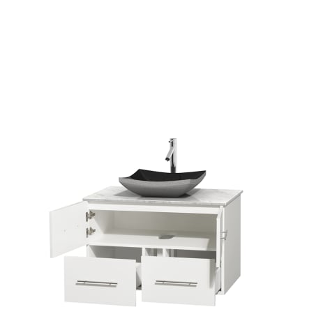 Open Vanity View with White Carrera Marble Top and Vessel Sink