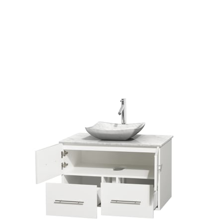 Open Vanity View with White Carrera Marble Top and Vessel Sink