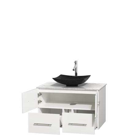 Open Vanity View with White Carrera Marble Top and Vessel Sink