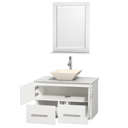 Open Vanity View with White Carrera Marble Top, Vessel Sink, and 24" Mirror