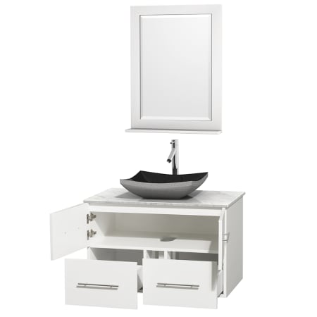 Open Vanity View with White Carrera Marble Top, Vessel Sink, and 24" Mirror