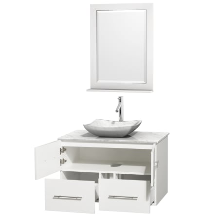 Open Vanity View with White Carrera Marble Top, Vessel Sink, and 24" Mirror