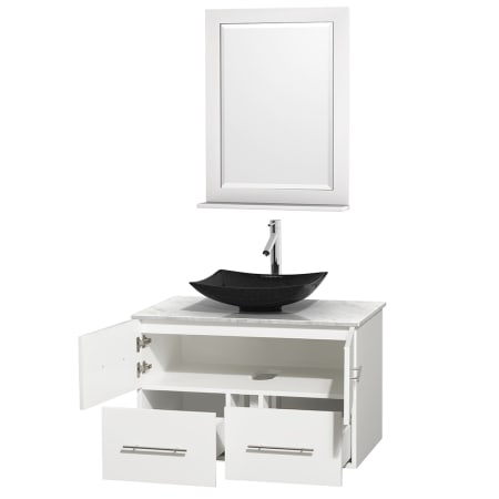 Open Vanity View with White Carrera Marble Top, Vessel Sink, and 24" Mirror