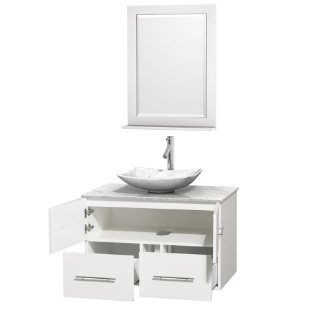 Open Vanity View with White Carrera Marble Top, Vessel Sink, and 24" Mirror