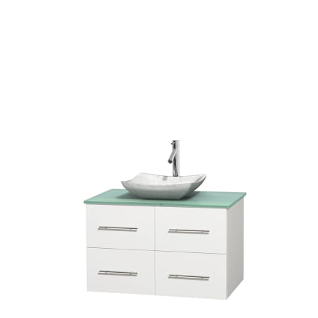 Full Vanity View with Green Glass Top and Vessel Sink