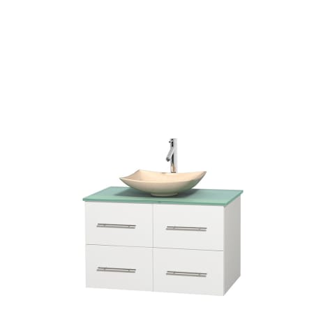 Full Vanity View with Green Glass Top and Vessel Sink