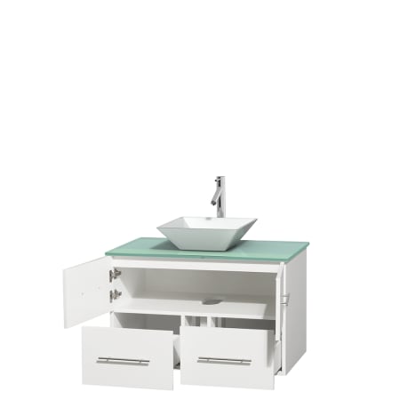 Open Vanity View with Green Glass Top and Vessel Sink