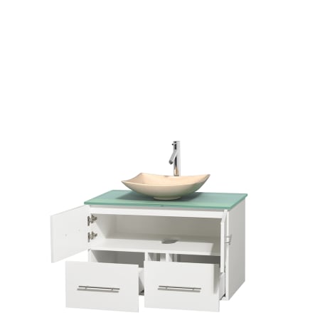 Open Vanity View with Green Glass Top and Vessel Sink