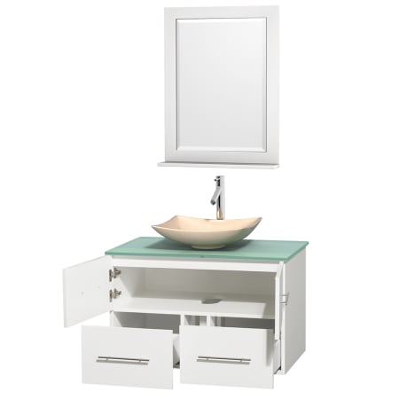 Open Vanity View with Green Glass Top, Vessel Sink, and 24" Mirror