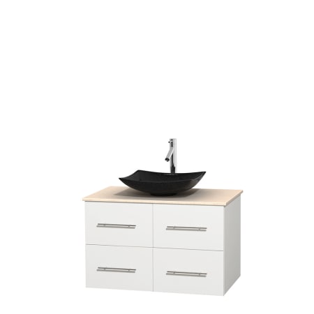 Full Vanity View with Ivory Marble Top and Vessel Sink