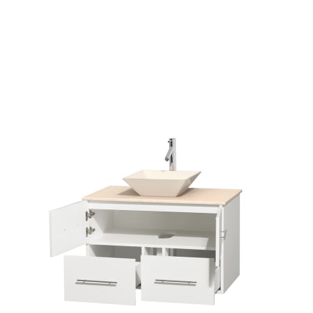 Open Vanity View with Ivory Marble Top and Vessel Sink