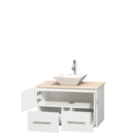 Open Vanity View with Ivory Marble Top and Vessel Sink