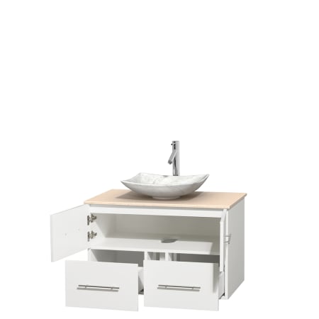 Open Vanity View with Ivory Marble Top and Vessel Sink