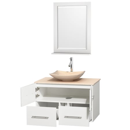 Open Vanity View with Ivory Marble Top, Vessel Sink, and 24" Mirror