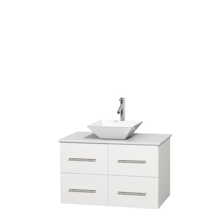 Full Vanity View with White Stone Top and Vessel Sink