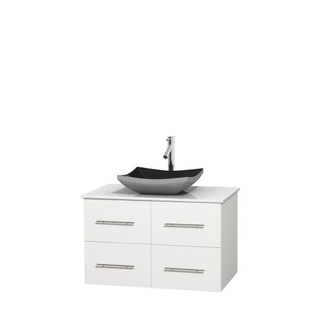 Full Vanity View with White Stone Top and Vessel Sink